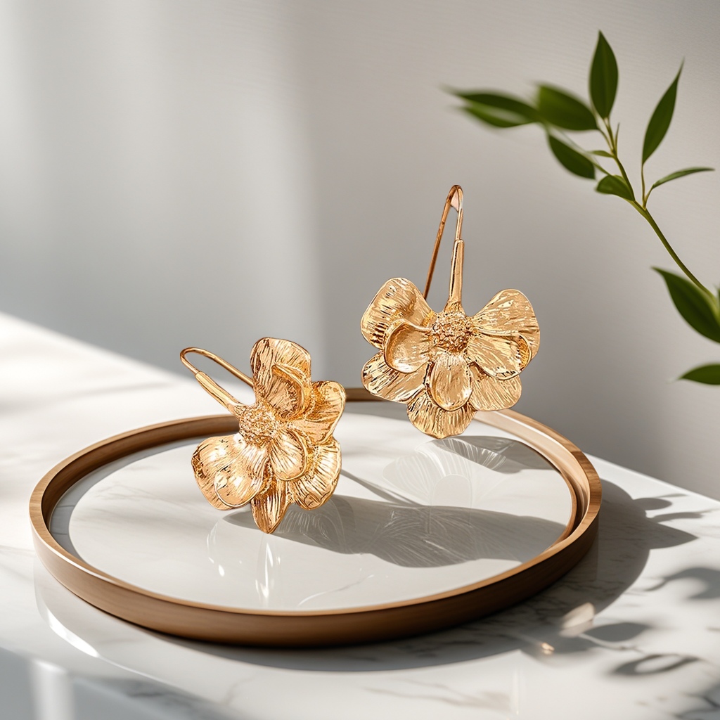 European and American fashionable, simple metal creative flower ear hooks, elegant and feminine earrings, a must-have for traveling, full of high-end feel Specification image