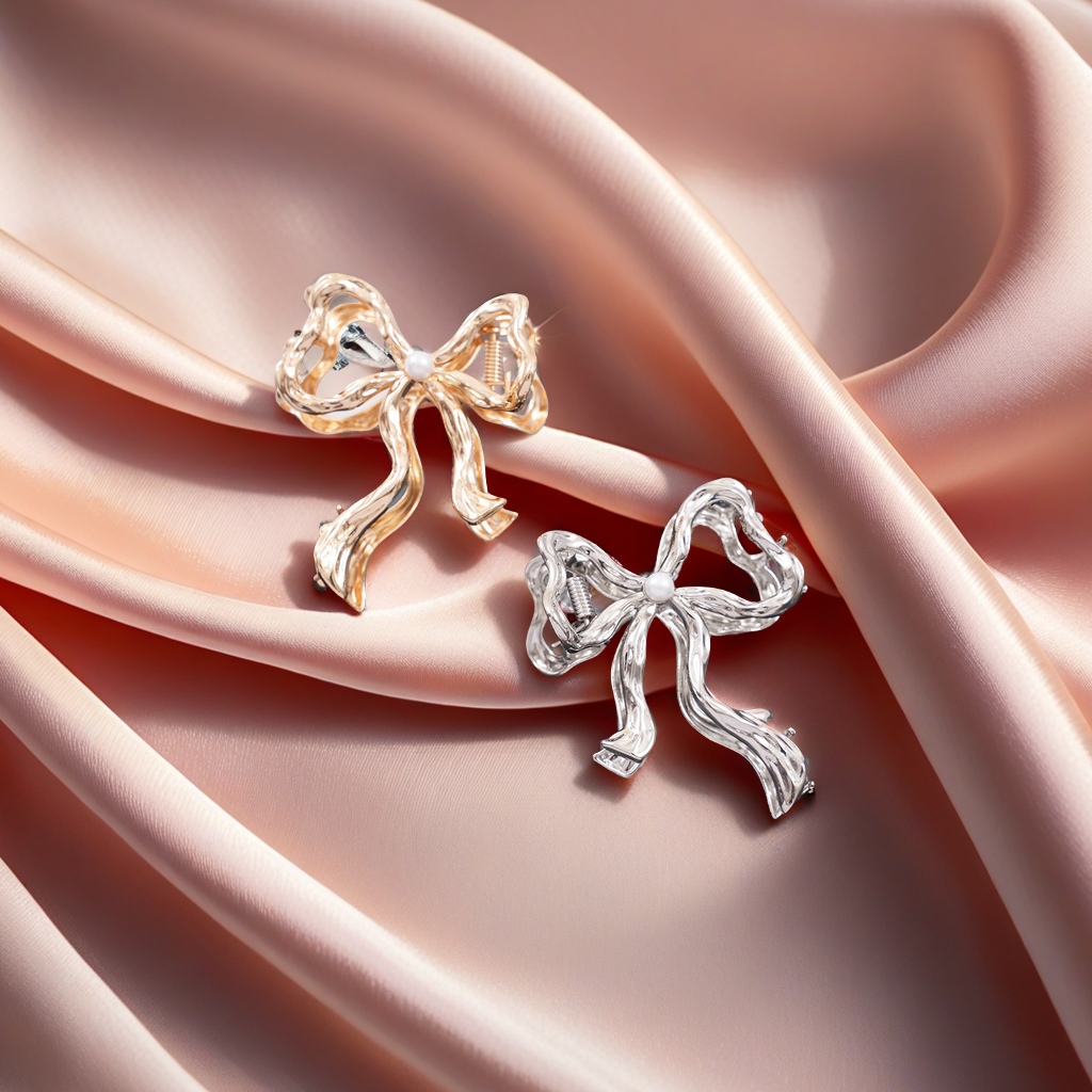 韩版网红珍珠蝴蝶结发夹 女士时尚盘发鲨鱼夹 异形合金抓夹 头饰发卡蝴蝶结装饰