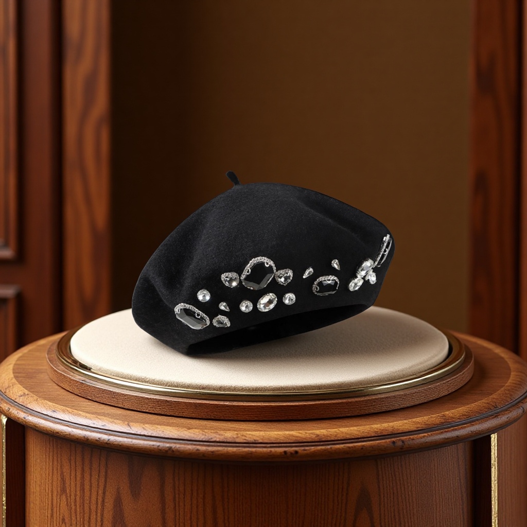 Zhang Yuanying's luxurious diamond thickened wool beret for women, a British retro autumn and winter versatile style painter's hat, bud hat headscarf, fashionable, warm and trendy new product Item Picture