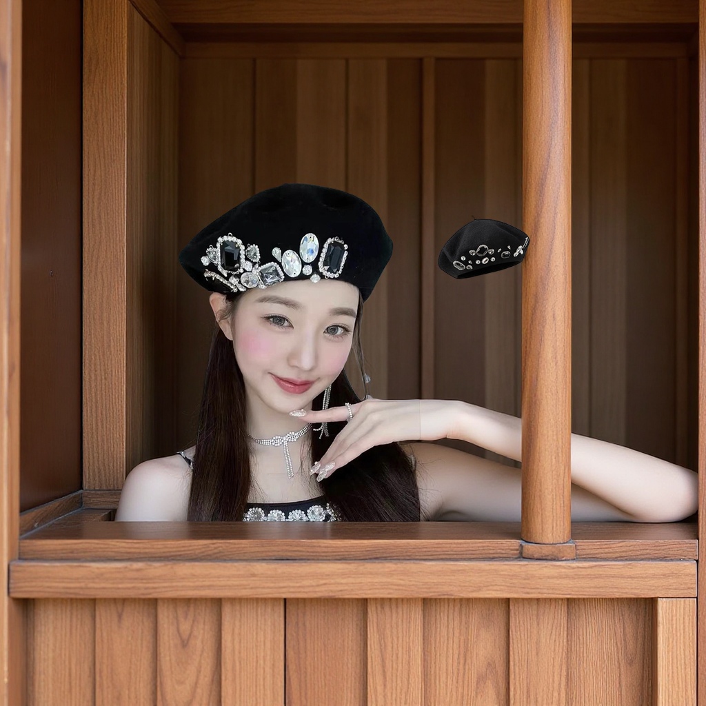 This is a new autumn and winter collection from South Korea, featuring a woolen beret for women, which is warm and fashionable. It is decorated with rhinestones and features a headscarf design