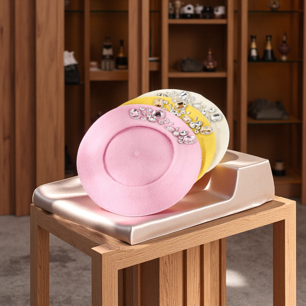 This is a new autumn and winter collection from South Korea, featuring a woolen beret for women, which is warm and fashionable. It is decorated with rhinestones and features a headscarf design Specification image