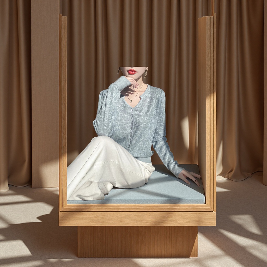 春季新款女装精纺羊毛打底衫 气质长袖上衣 蕾丝镂空设计 珍珠扣提花针织衫 女士优雅休闲装扮 加工定制可