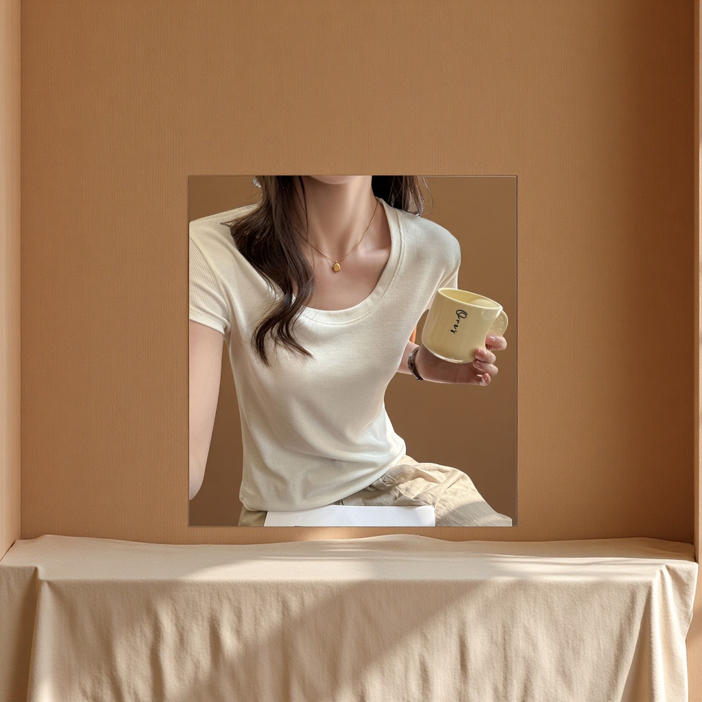 莱赛尔2025新款女式天丝短袖T恤 夏季宽松显瘦高级感正肩打底上衣 轻薄透气