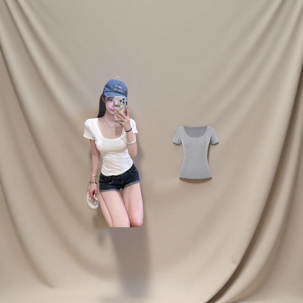 2025新款女式紧身T恤 大U领低领设计 显瘦百搭夏季短款上衣 小个子女生专享 短袖T恤打底衫