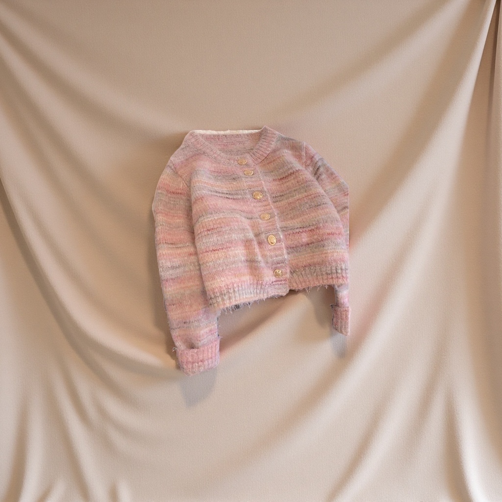 小香风粉色条纹马海毛针织衫 短款加厚内搭开衫 毛衣加工定制 小批量精品毛衣