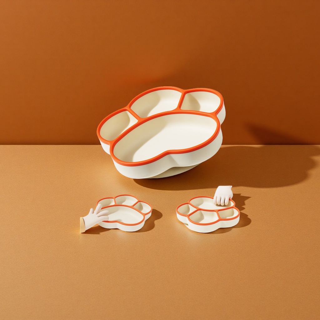 Children's suction cup tableware set, feeding tableware, baby plates, compartments, cat PAWS, silicone bowls, two-color baby feeding training plates, safe, environmentally friendly and easy to clean details Picture