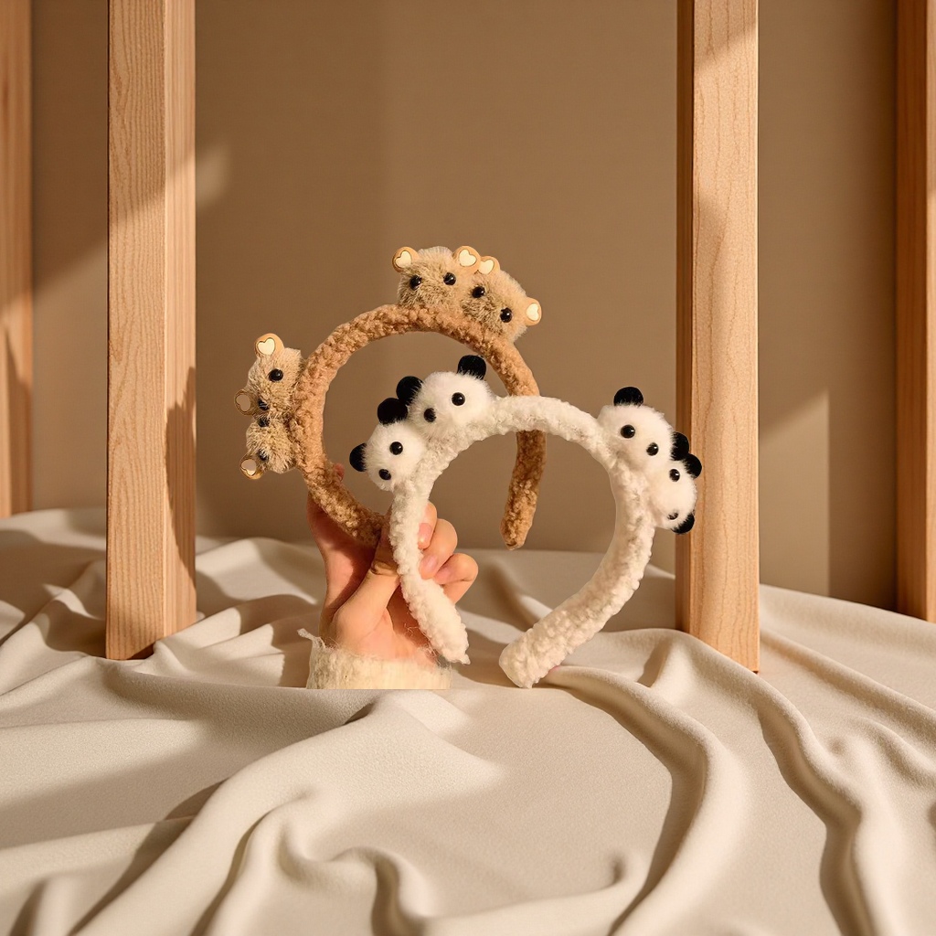 New plush panda face wash headband, cute cartoon bear hair band, fluffy autumn and winter hair clips, headwear, ceiling lamp, creative design style Specification image