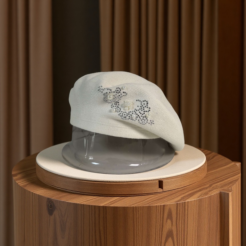 Winter cashmere knitted beret. Rhinestone hand-painted hat. details Picture