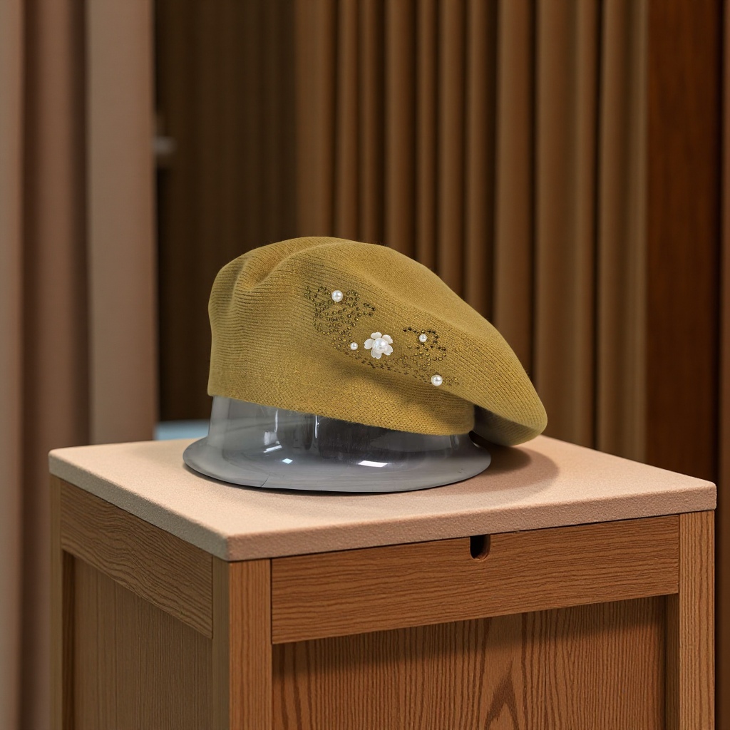 Winter cashmere knitted beret. Rhinestone hand-painted hat. Specification image