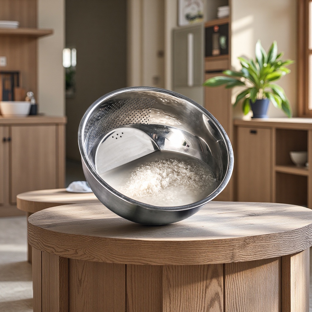 304 stainless steel thickened round vegetable washing basin, draining basket, kitchen and household water, fruit basket, rice-washing basket, rice-washing sieve, rice sieve, vegetable washing wonder details Picture