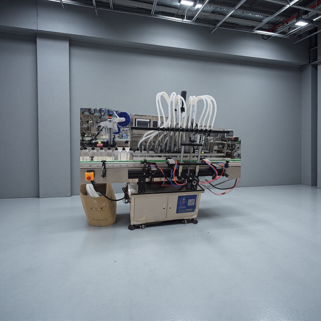 The new fully automatic 12-head magnetic pump filling machine, servo capping machine and labeling machine integrated production line in 2025 is highly efficient, stable and easy to operate