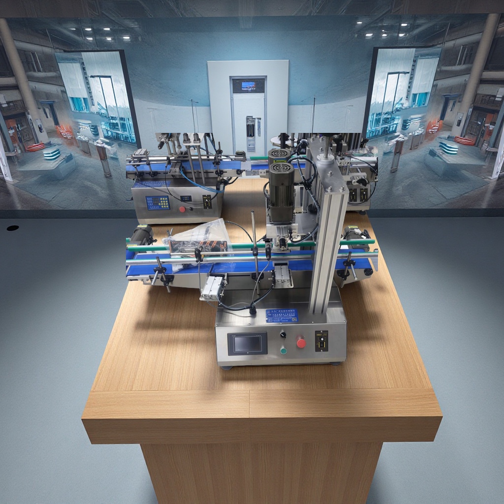 The desktop four-head single-liquid ➕ capping machine ➕ round bottle labeling machine is fully automatic, highly efficient, stable, easy to operate and suitable for various bottle types details Picture