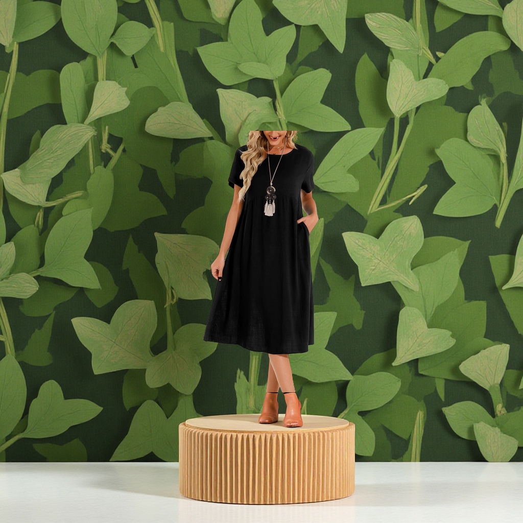 A new cross-border trade large-sized casual cotton and linen dress with a round neck and 5-quarter sleeves, a loose long solid-color fashion dress for spring/Summer 2025 full figure