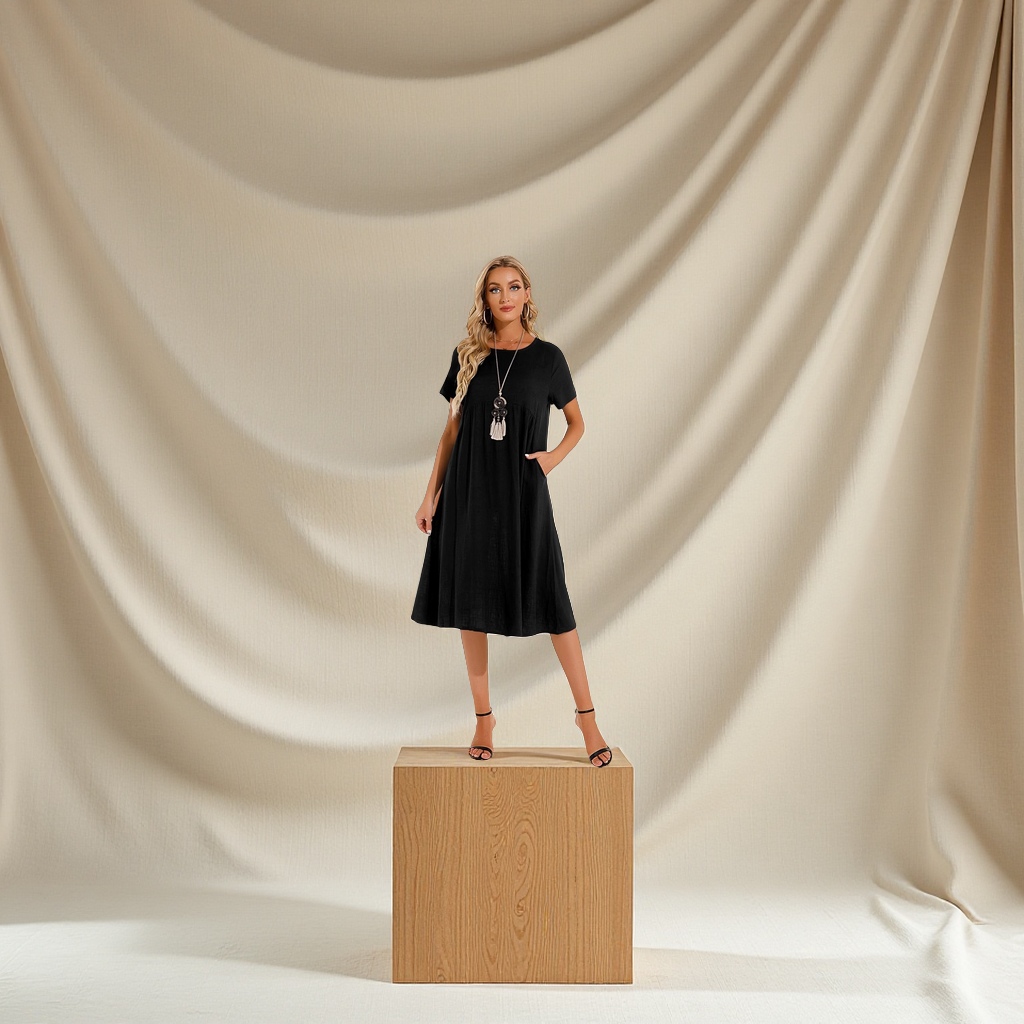 A new cross-border trade large-sized casual cotton and linen dress with a round neck and 5-quarter sleeves, a loose long solid-color fashion dress for spring/Summer 2025 details Picture