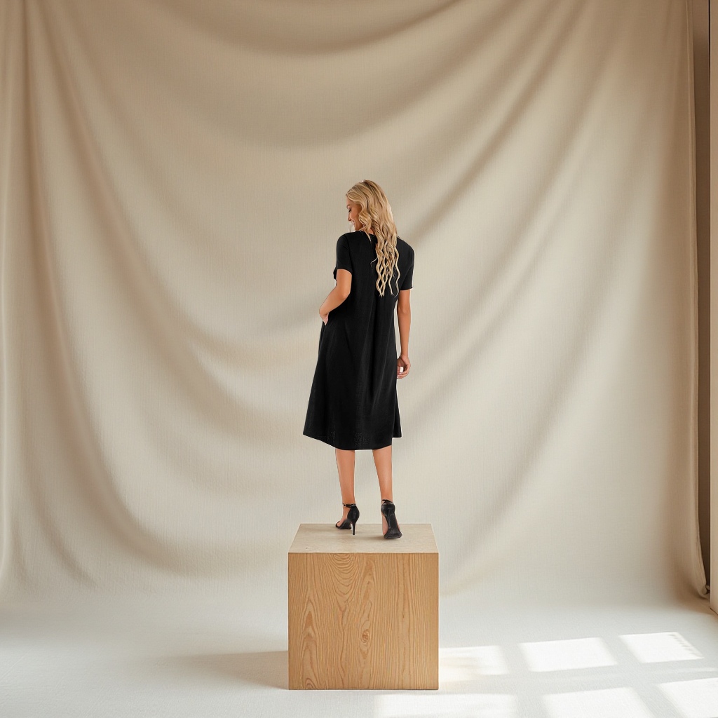 A new cross-border trade large-sized casual cotton and linen dress with a round neck and 5-quarter sleeves, a loose long solid-color fashion dress for spring/Summer 2025 Specification drawing