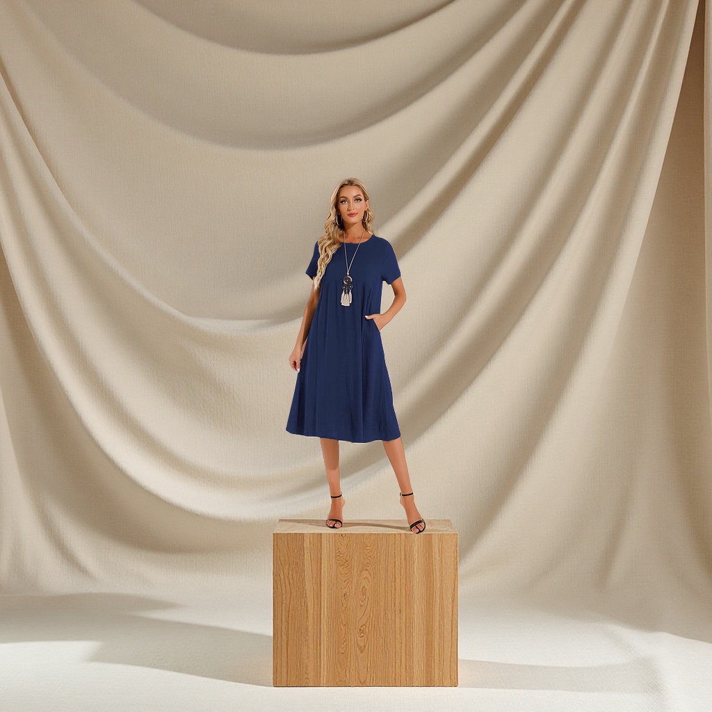 A new cross-border trade large-sized casual cotton and linen dress with a round neck and 5-quarter sleeves, a loose long solid-color fashion dress for spring/Summer 2025 Application Scenario
