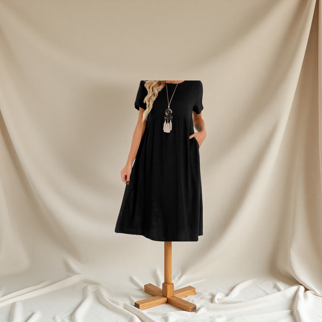 A new cross-border trade large-sized casual cotton and linen dress with a round neck and 5-quarter sleeves, a loose long solid-color fashion dress for spring/Summer 2025 Item Picture