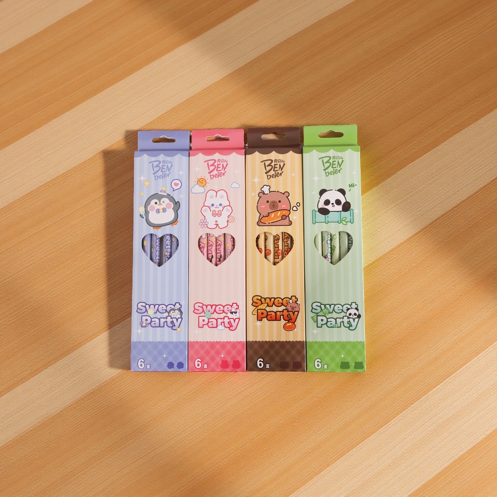 Benbelle Cartoon Pencils 6-piece set HB Primary School Special Writing Tool with eraser Student stationery set, non-breakable pencils for clear writing details Picture