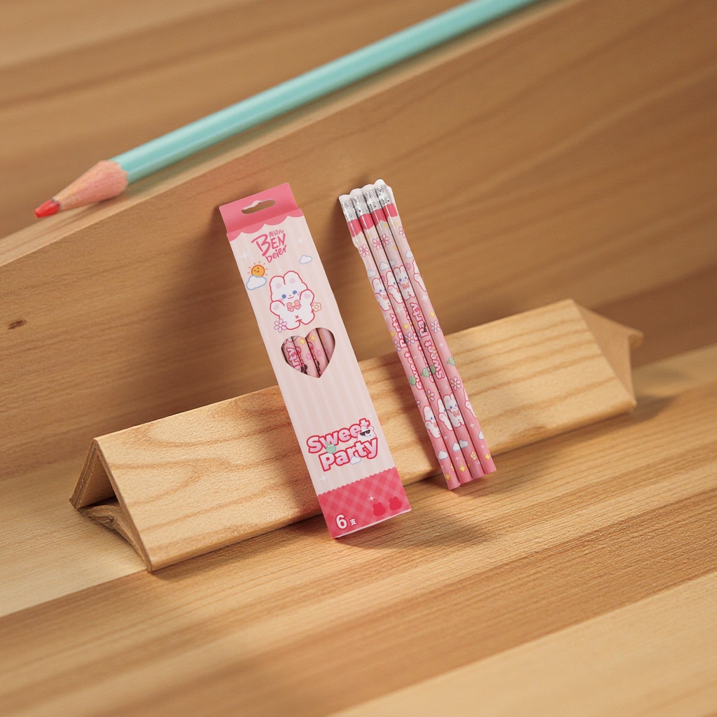 Benbelle Cartoon Pencils 6-piece set HB Primary School Special Writing Tool with eraser Student stationery set, non-breakable pencils for clear writing Item Picture