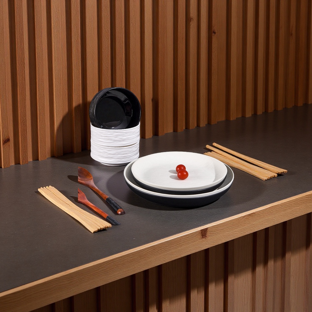 日式岩石纹黑白高颜值家用碗盘套装 加厚防烫汤碗米饭碗水果菜盘 碗碟盘套装精选