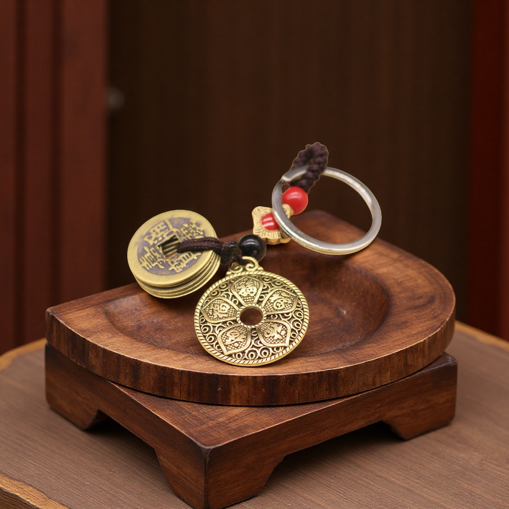 Pure handcrafted Five Emperors coin keychains, pendants, safety copper coins, car decoration, car accessories details Picture