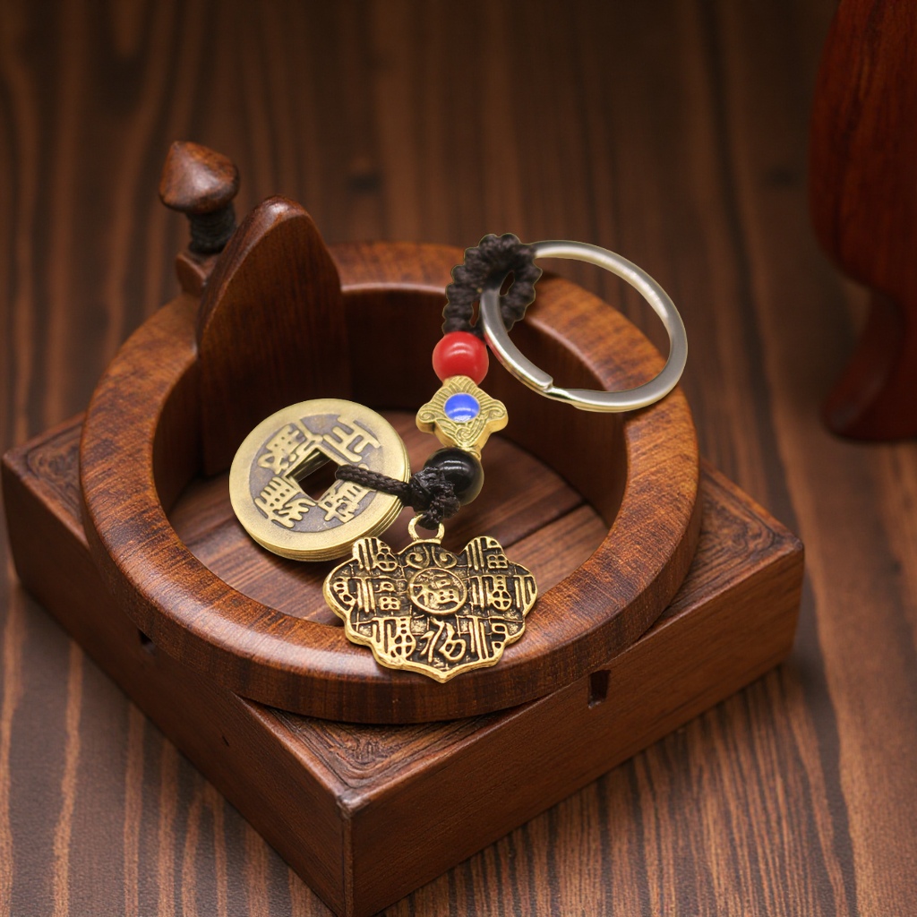 Pure handcrafted Five Emperors coin keychains, pendants, safety copper coins, car decoration, car accessories Specification image