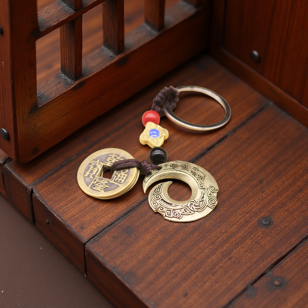 Pure handcrafted Five Emperors coin keychains, pendants, safety copper coins, car decoration, car accessories Application Scenario