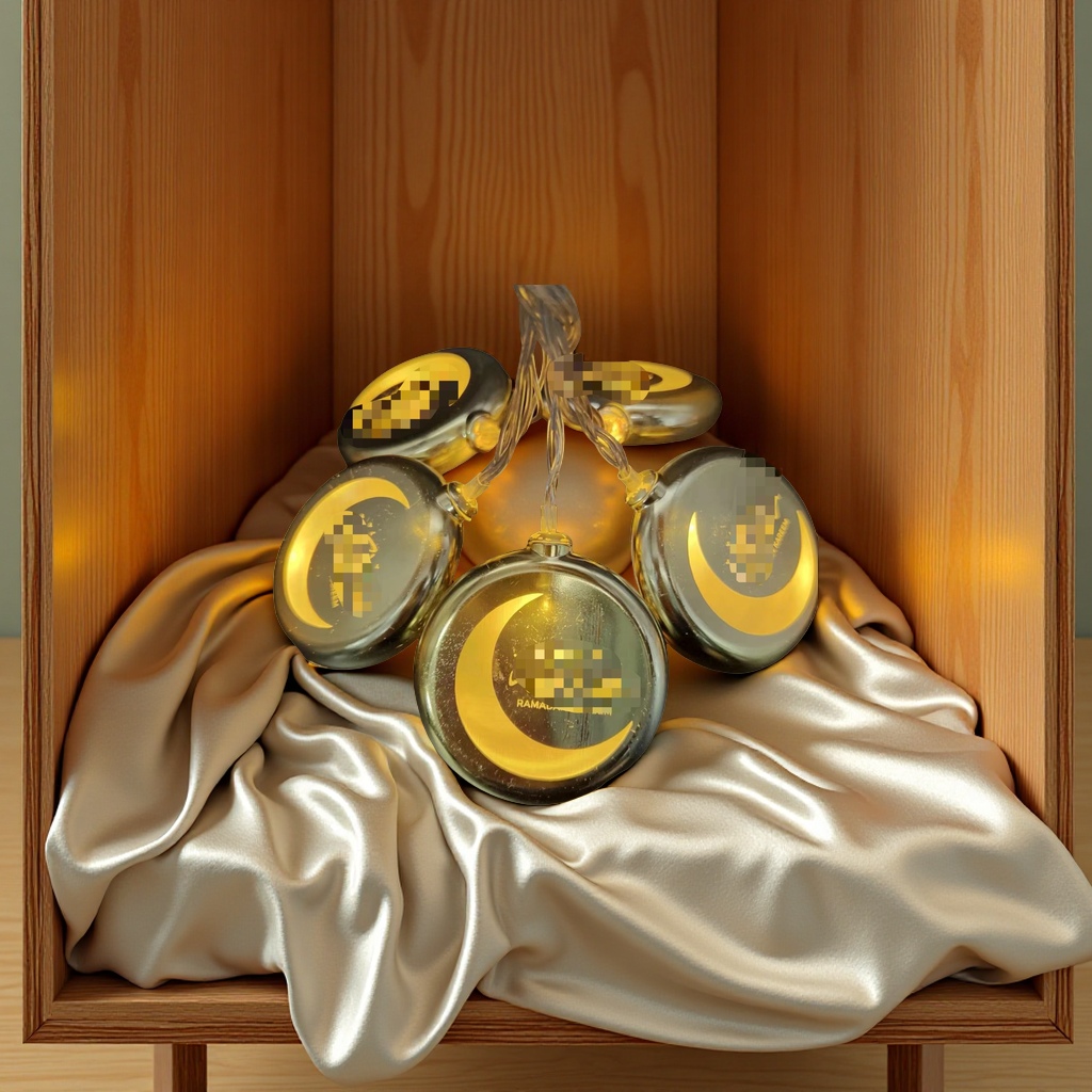 A string of golden moon castle-shaped kerosene lamps for the Ramadan festival of Middle Eastern Muslims, a warm decorative light Application Scenario