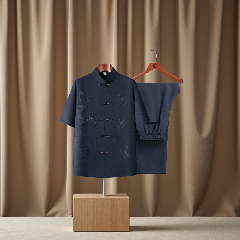 Summer men's short-sleeved Tang suit, thin Hanfu for middle-aged and elderly people, Chinese-style casual stand-up collar dad shirt