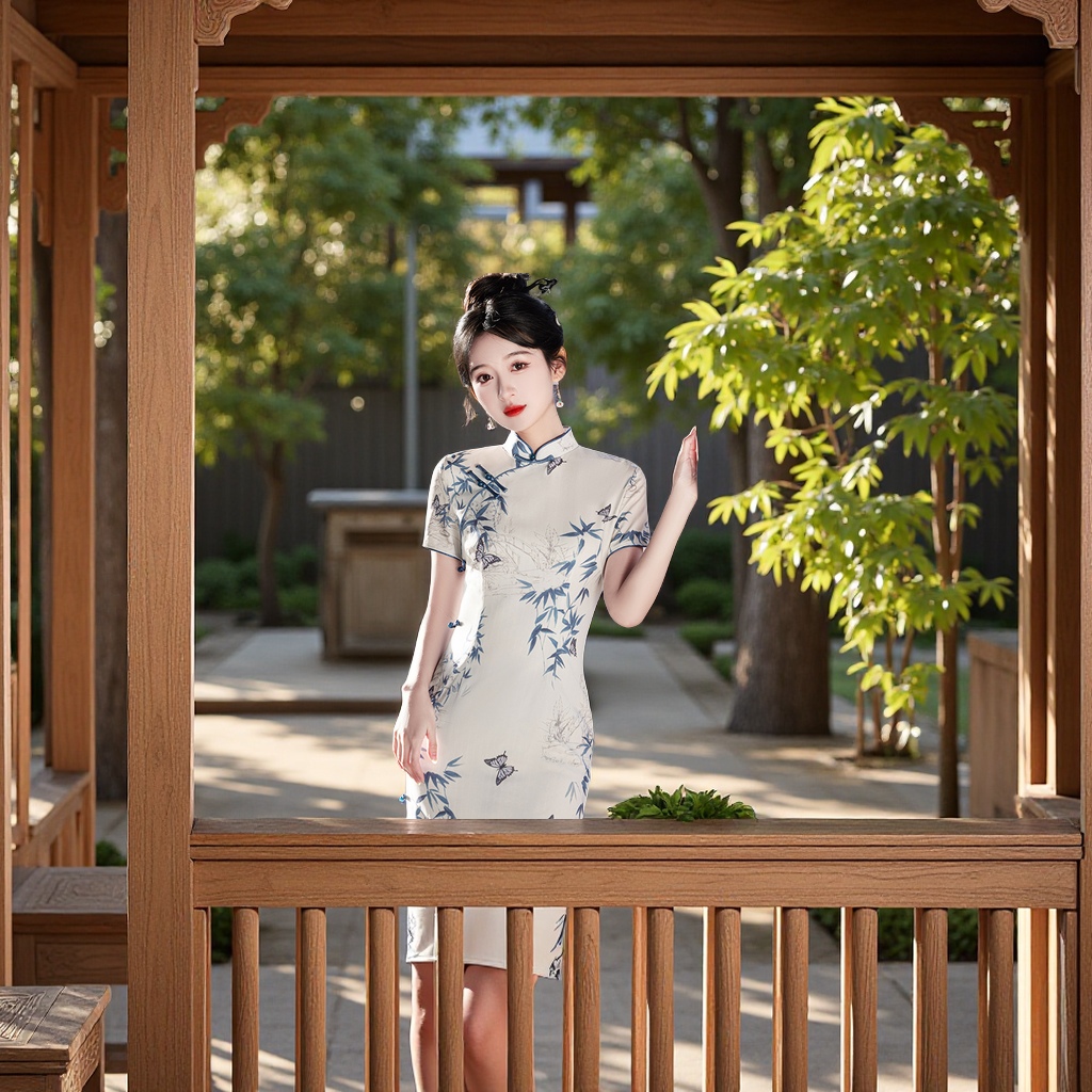 国潮节节高2025新款竹叶印花旗袍 新中式改良春夏短袖连衣裙中国风