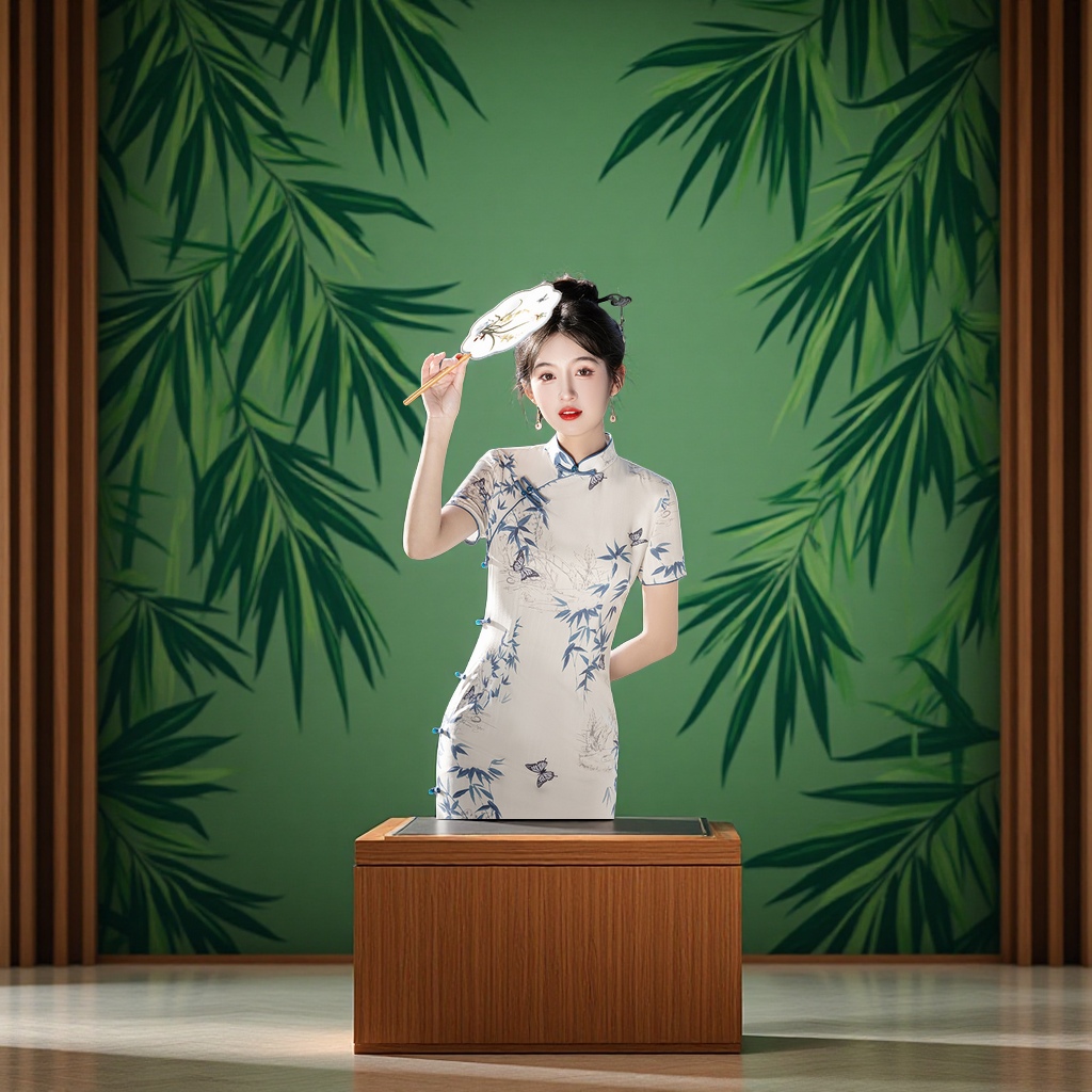 "National Trend Keeps rising 2025 New Bamboo Leaf printed cheongsam, New Chinese style improved Spring and summer short-sleeved dress, Chinese style. details Picture