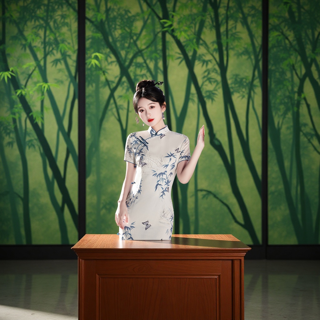 国潮节节高2025新款竹叶印花旗袍春夏新中式改良短袖连衣裙中国风