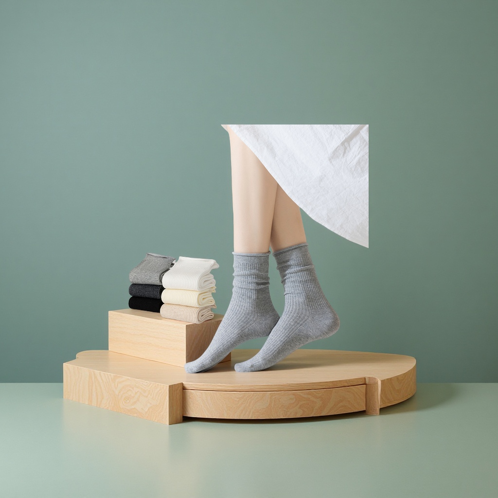 2025新款春夏季女中筒棉袜透气吸汗纯色卷边双针运动休闲堆堆袜批发