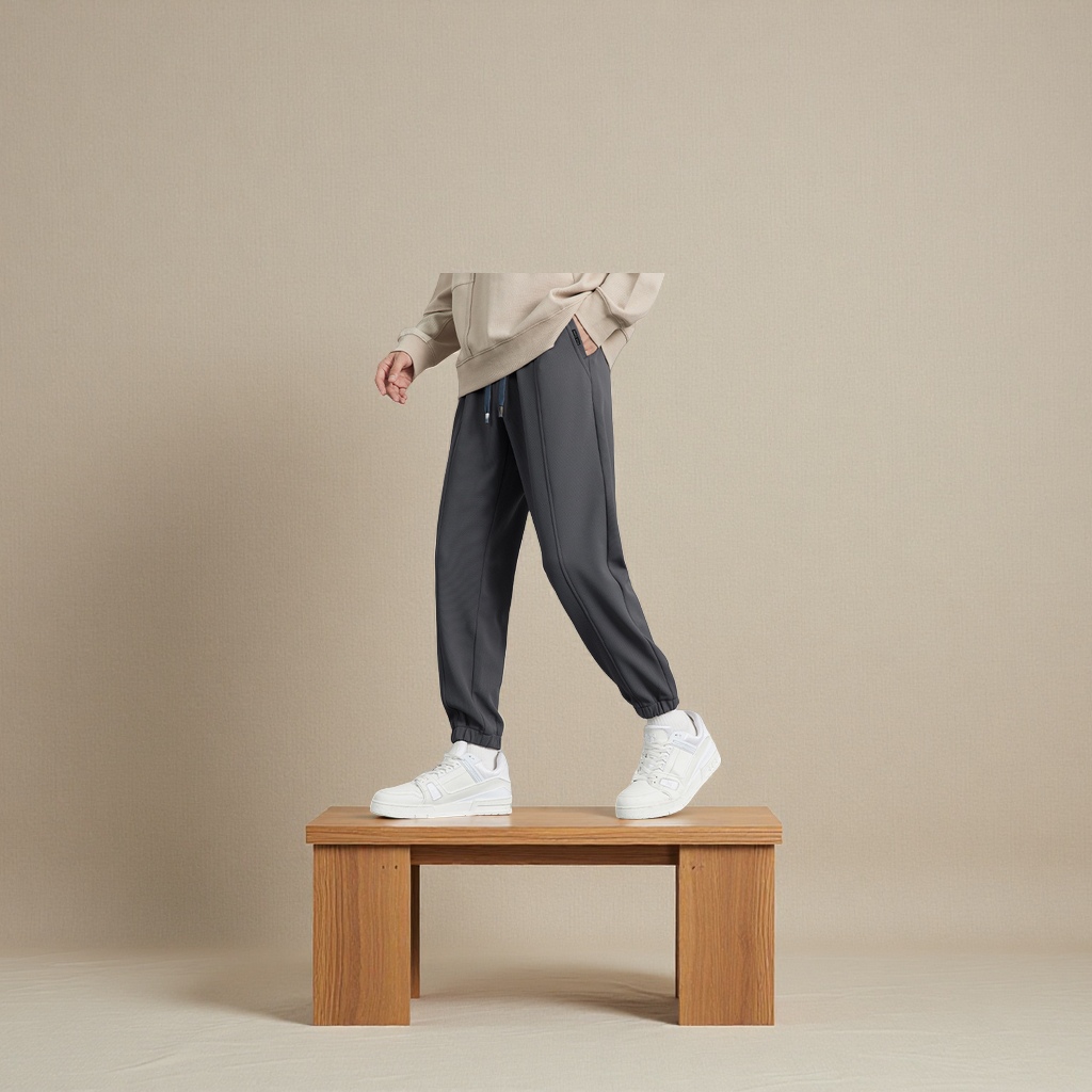 WOOG2005深灰色束脚休闲长裤男2025春秋微宽松直筒运动卫裤微弹男式裤