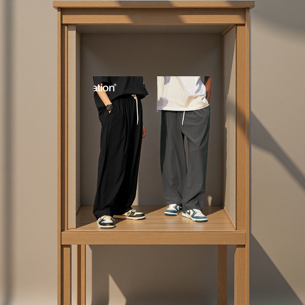 捷展男装2025春夏新品街头格纹速干空调裤高弹凉感冰丝阔腿男式休闲裤