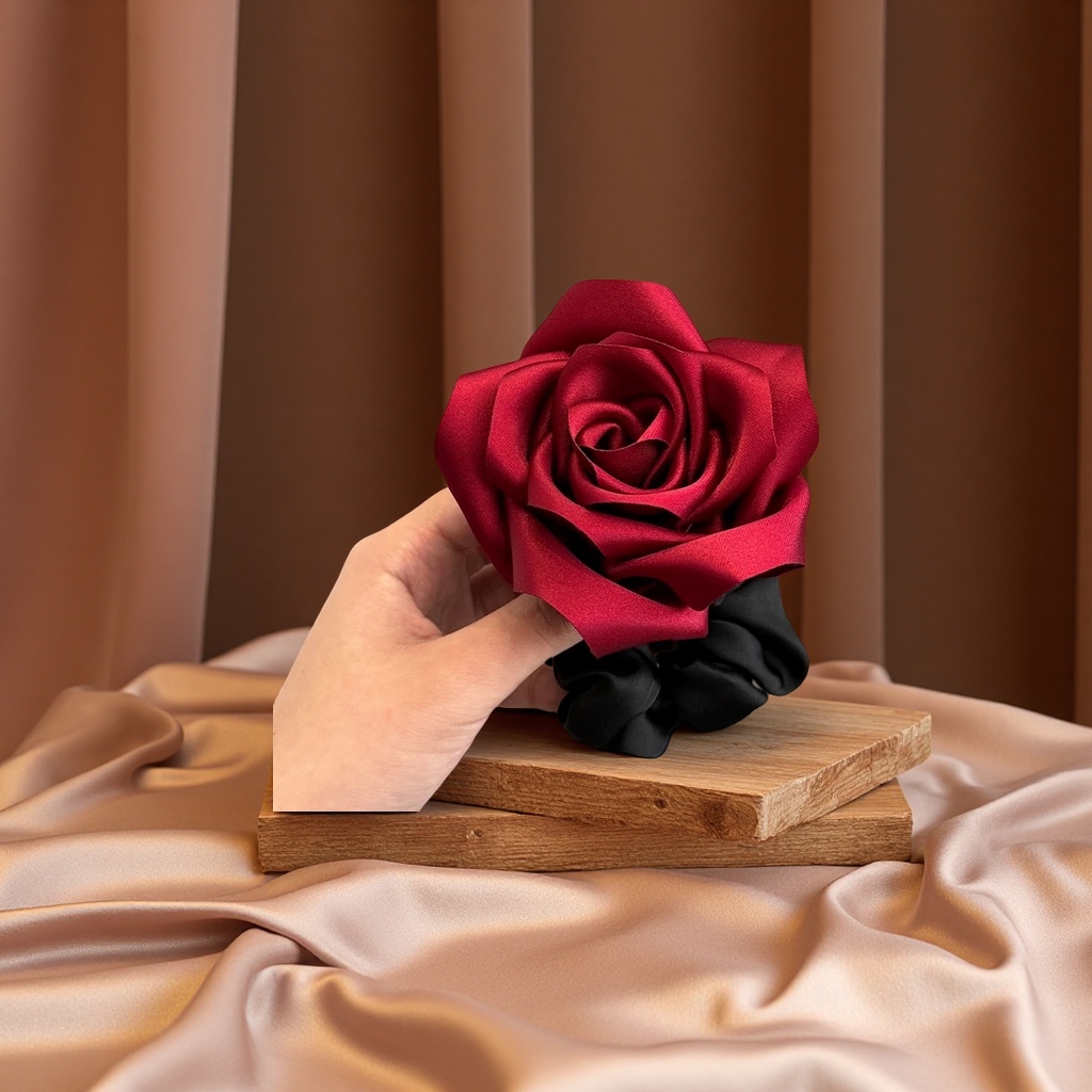 玫瑰花法式优雅红色花朵头饰猪大肠发圈女高级感扎发盘发马尾发绳