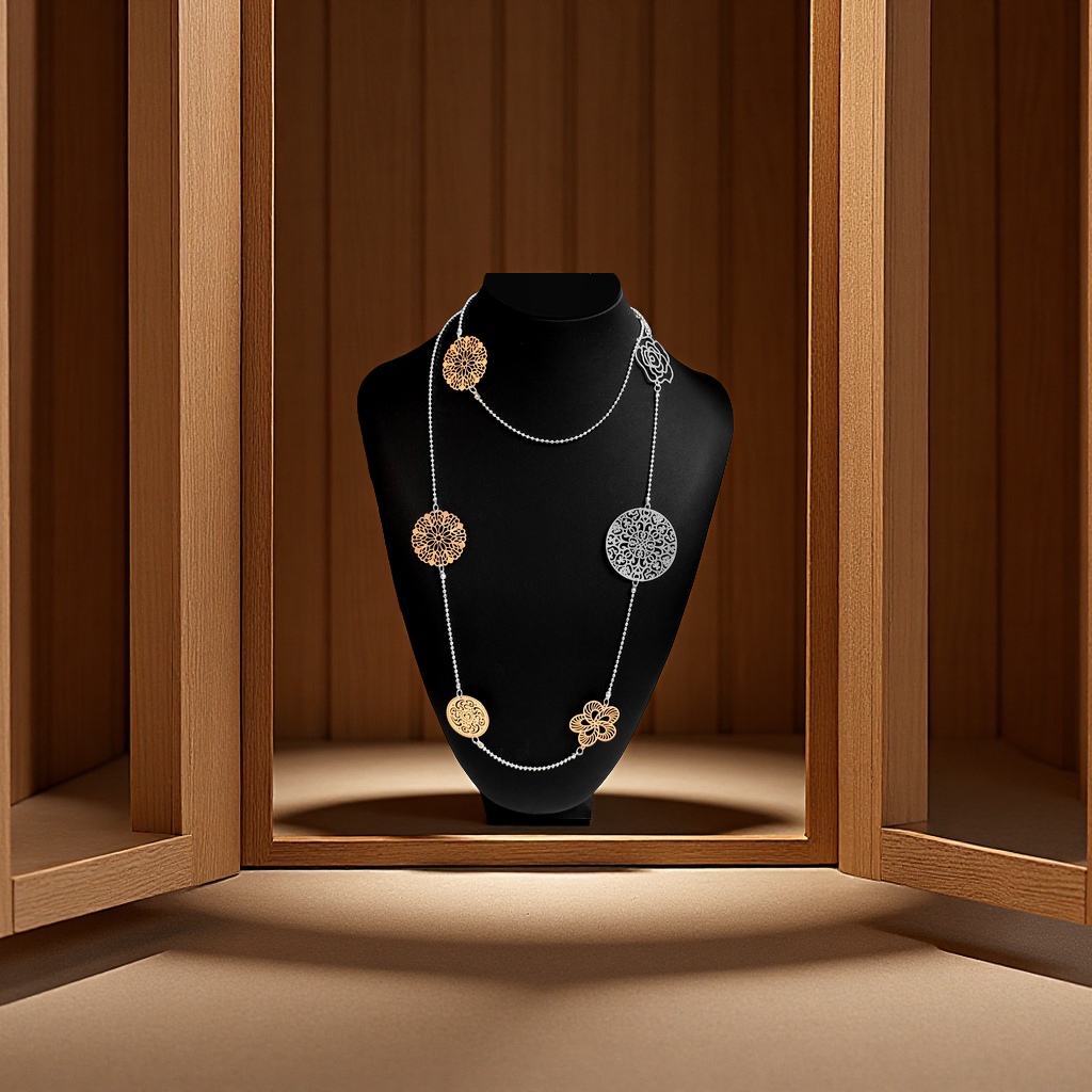 European and American cross-border fashion oval-shaped flower sweater necklace, high-end circular owl necklace, design sense waist chain details Picture