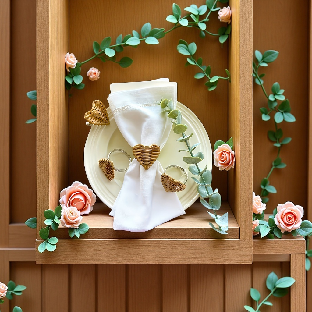 跨境爆款藤编爱心DIY餐桌纸巾固定扣餐巾环节日婚庆装饰酒店摆台餐巾圈