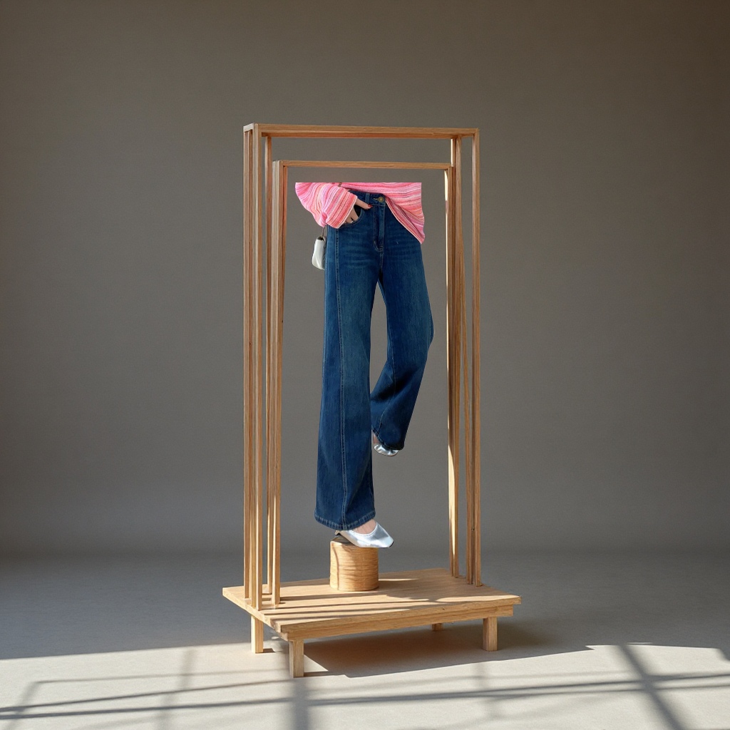 Retro and fashionable high-waisted, slanted, slimming, elastic, slightly flared, straight-leg, loose and versatile women's jeans G031612