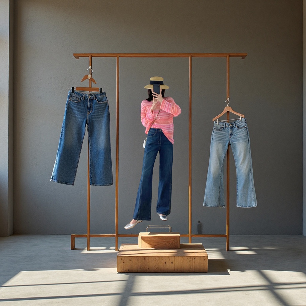 Retro and fashionable high-waisted, slanted, slimming, elastic, slightly flared, straight-leg, loose and versatile women's jeans G031612 details Picture