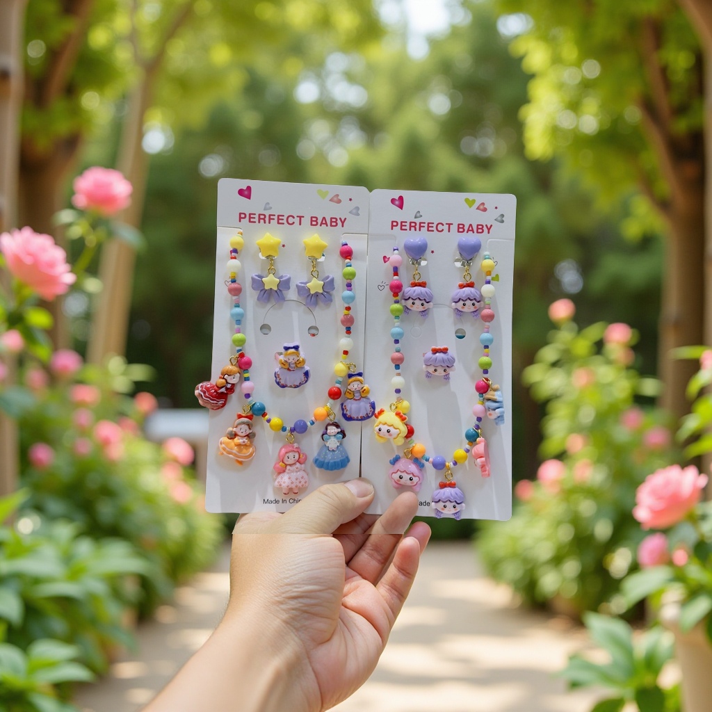 Children's necklace cartoon Three Ouli little girl beaded jewelry Princess style cute dopamine baby girl necklace jewelry Item Picture