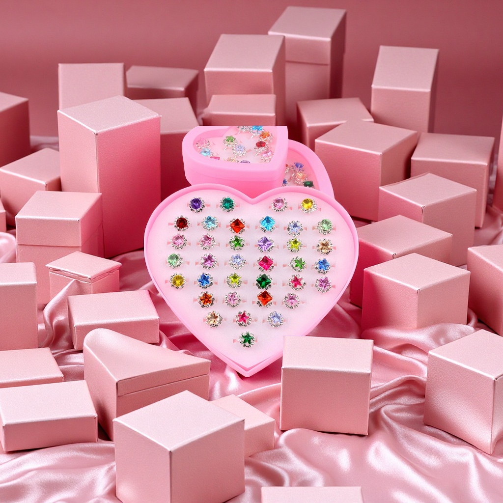 儿童钻戒公主指环36枚盒装 人工宝石满钻戒指 抖音同款儿童手饰送闺蜜批发