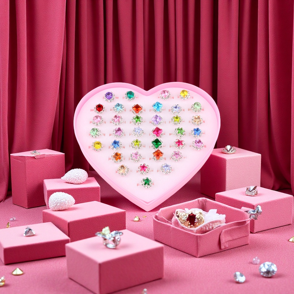 Children's diamond ring princess ring 36 pieces box set artificial gemstone full diamond ring, Douyin same style children's jewelry for best friend wholesale Item Picture