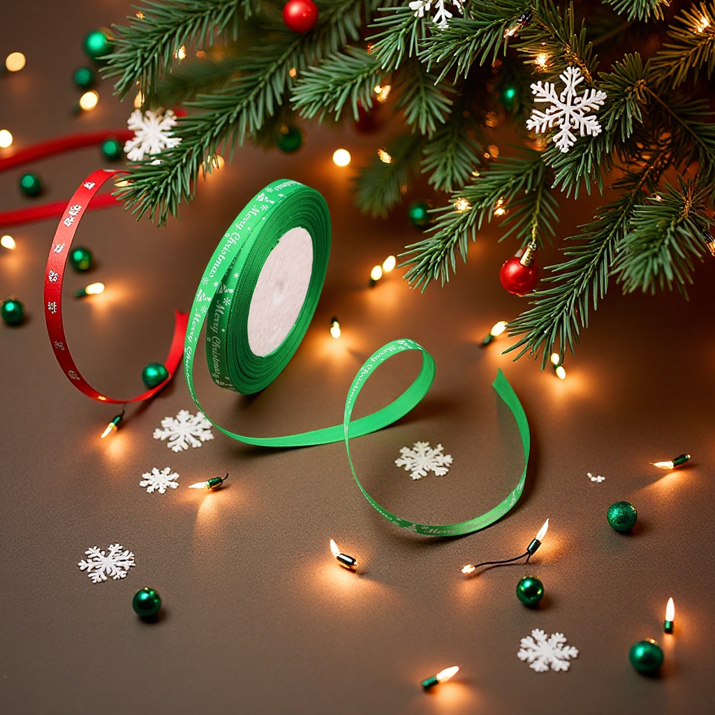 Cross-border Christmas decorative polyester webbing printed snowflake green and red ribbon bow gift packaging tape details Picture