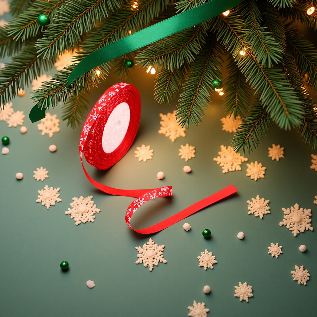 Cross-border Christmas decorative polyester webbing printed snowflake green and red ribbon bow gift packaging tape Specification image