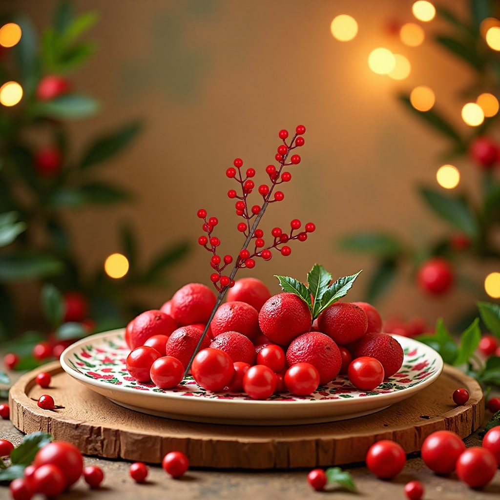 Simulated horticulture, simulated fruits, 4 forks of North American Holly red fruits, 48 fruits in stock, office, cultural, decorative items, creative home decoration details Picture