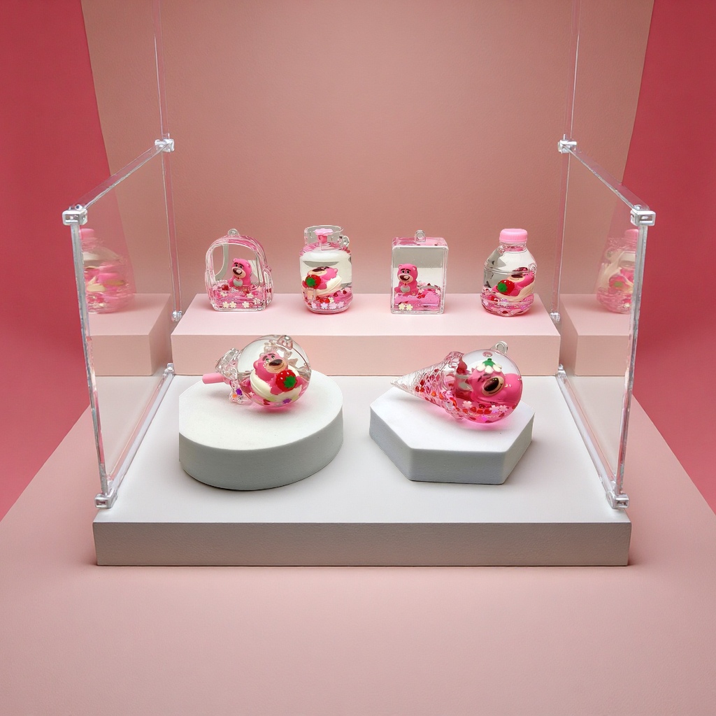 Creative acrylic sand bottle, pink strawberry bear keychain, car pendant, decorative accessory