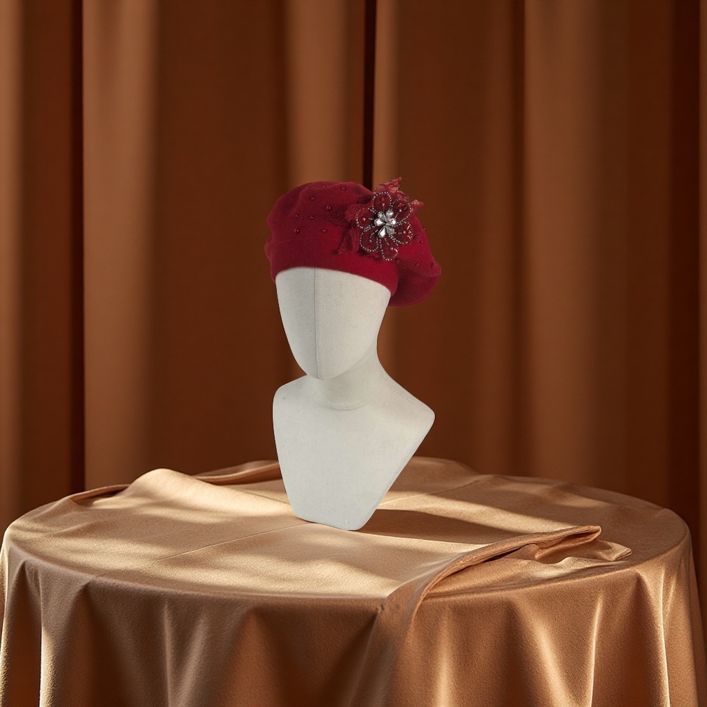 The new handcrafted flower cashmere brackish yarn knitted cap, double-layer beret cap, rhinestone decorated flower cap, French classic, warm, breathable, elastic and comfortable, is a bestseller in foreign trade details Picture