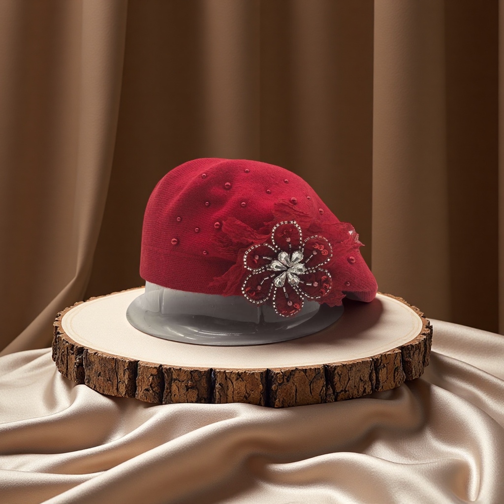 New handcrafted flower cashmere brackish yarn knitted cap, double-layer beret cap, rhinestone decorated flower cap, French classic, warm, breathable, elastic, comfortable and fashionable, best-selling for foreign trade