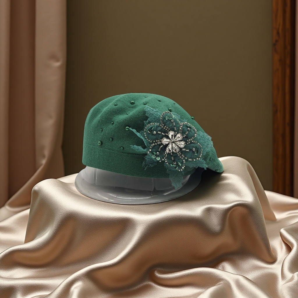 New handcrafted flower cashmere brackish yarn knitted cap, double-layer beret cap, rhinestone decorated flower cap, French classic, warm, breathable, elastic, comfortable and fashionable, best-selling for foreign trade Specification image